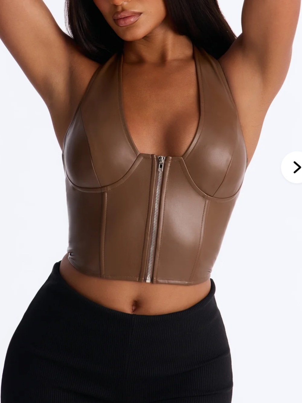 Fashion Nova Brown Faux Leather Zip Halter Crop Top